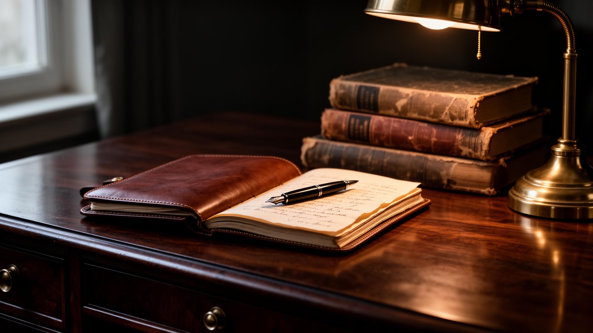 Editorial writing desk with leather journal, fountain pen, and stacked vintage books